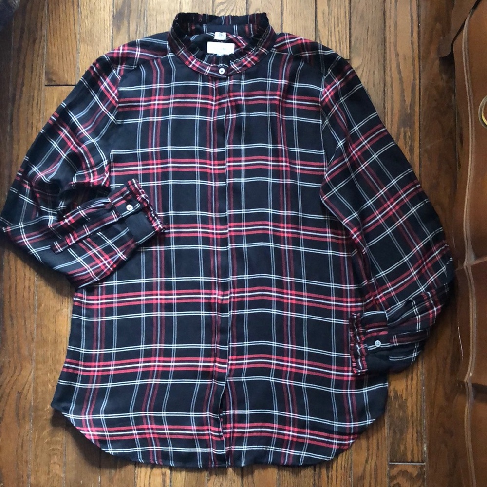 EUC Loft plaid ruffled neck blouse